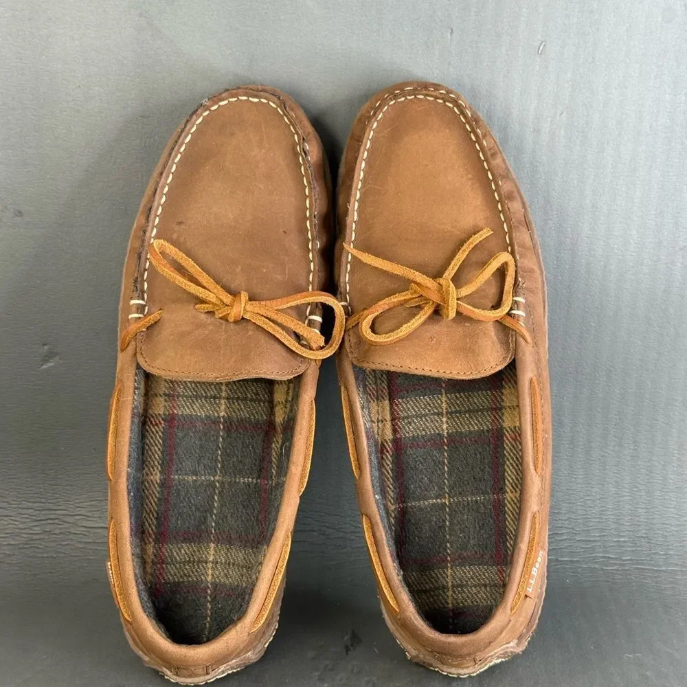 L.L. Bean Men's Handsewn Flannel-Lined leather Slippers shoes size